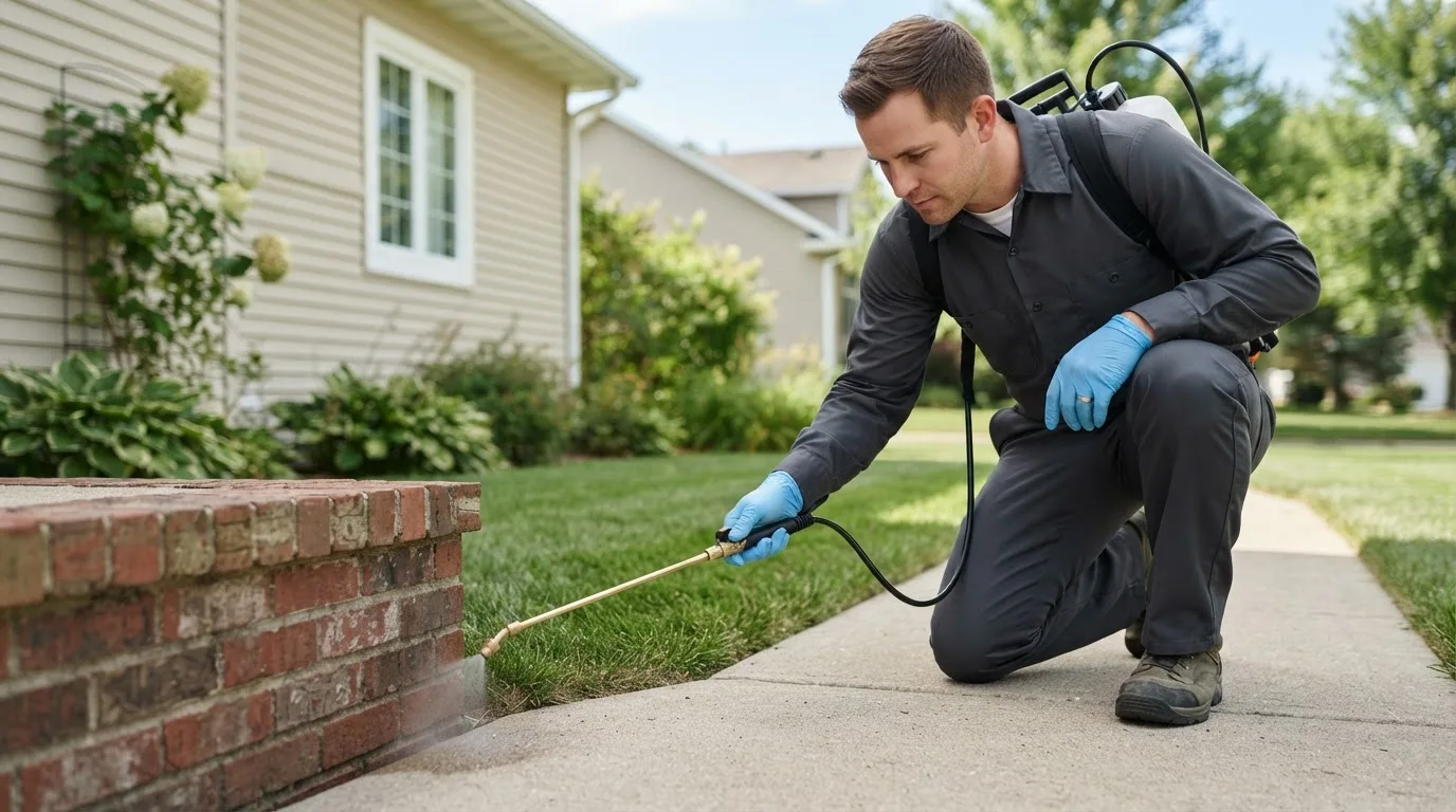 Pest control technician treating a home near Clatonia, NE