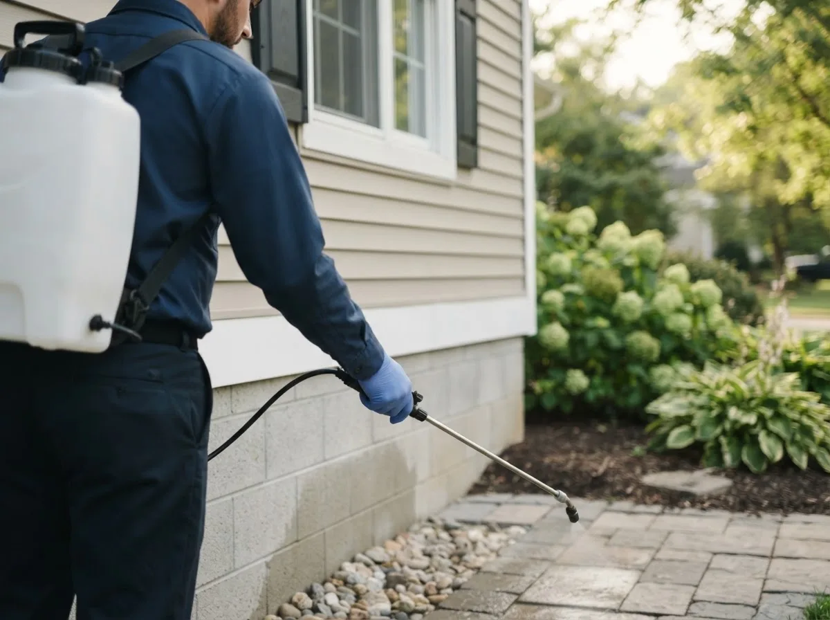 Pest control technician inspecting a home in Clatonia, NE